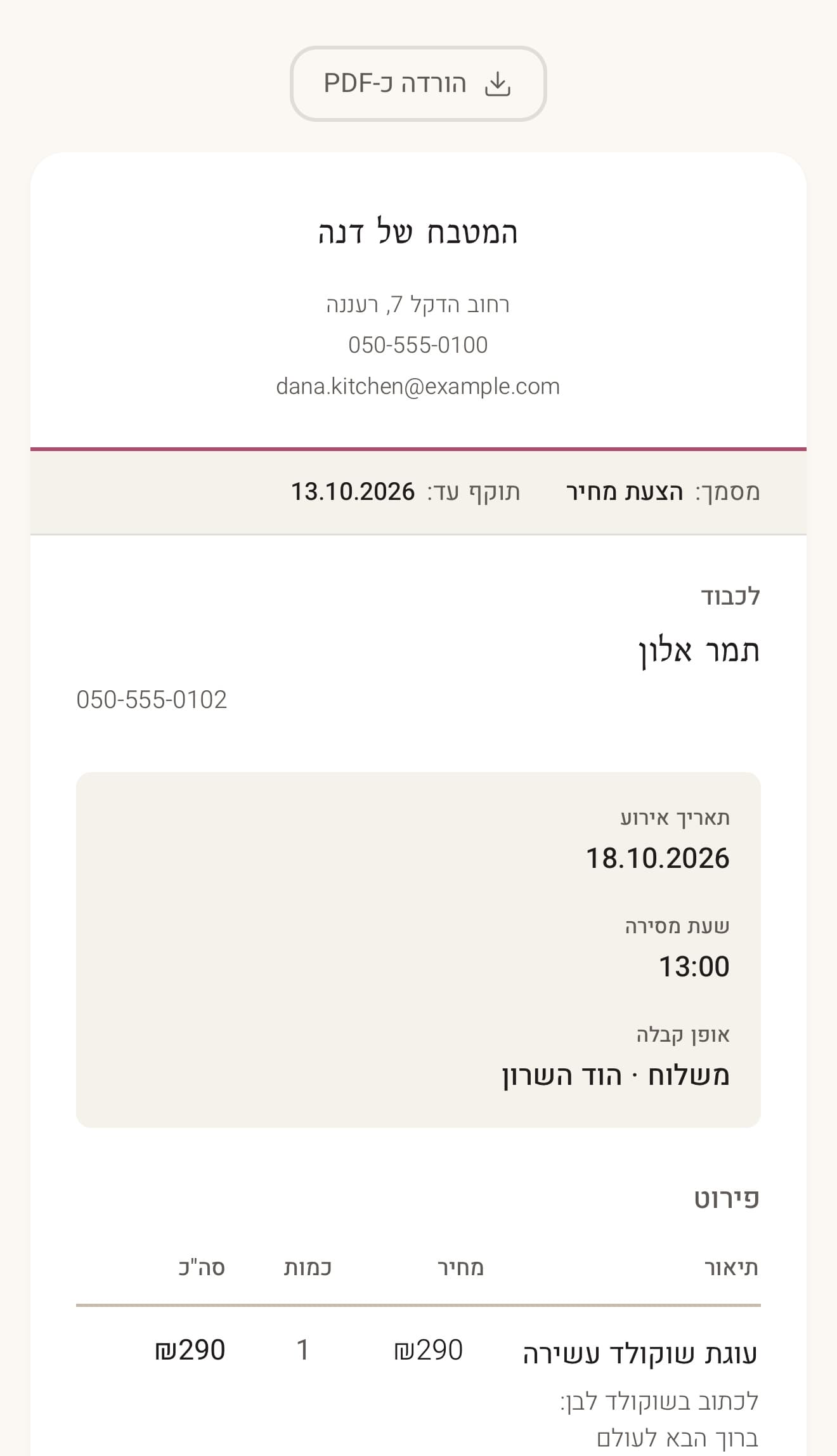 הצעת מחיר עם מיתוג הלקוחה - Mini Su-Chef